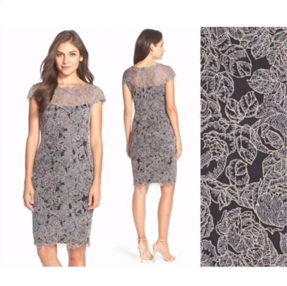 NWT Tadashi Shoji Rose Motif Lace Metallic Cocktail Dress Size 8 - Picture 14 of 14